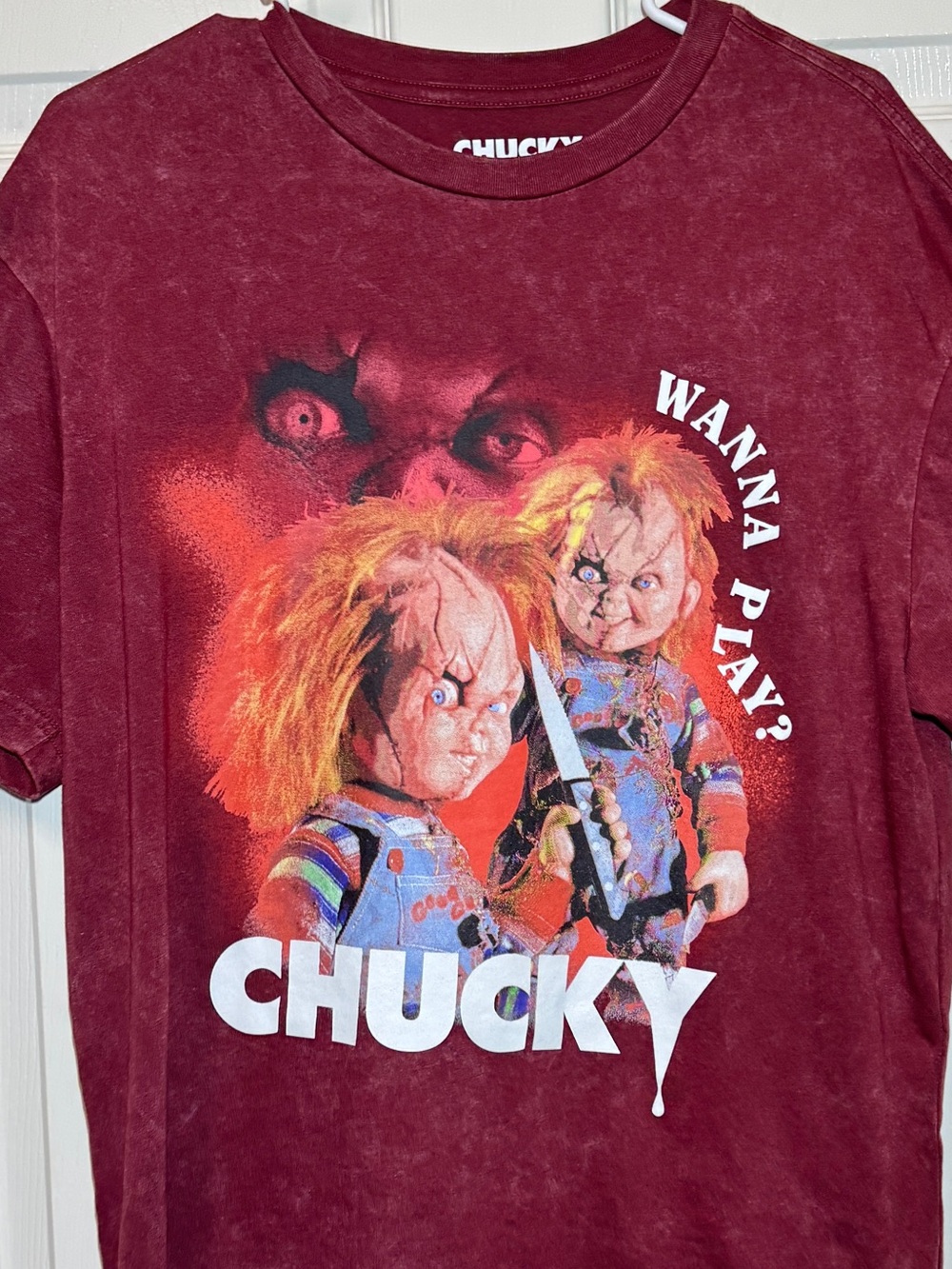 Chucky Universal Studios Chucky “Wanna Play?" Burgundy Graphic T-Shirt Vintage L